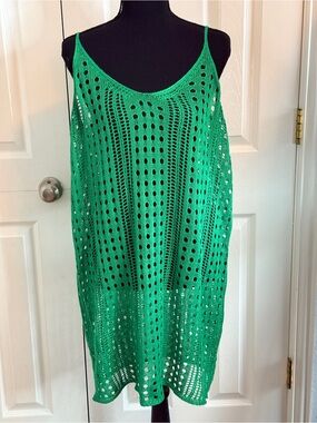 Salant Vibrant Green Open Knit  Crochet Maxi Dress Swim Cover Up Size L